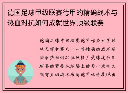 德国足球甲级联赛德甲的精确战术与热血对抗如何成就世界顶级联赛